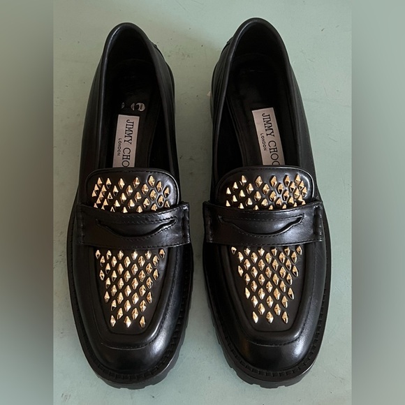 Jimmy Choo Deanna Black Gold Spiked Slip In Embellished Loafer Shoes 37.5 New - Picture 14 of 15